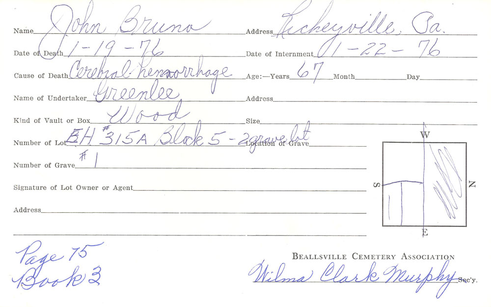John Bruno burial card